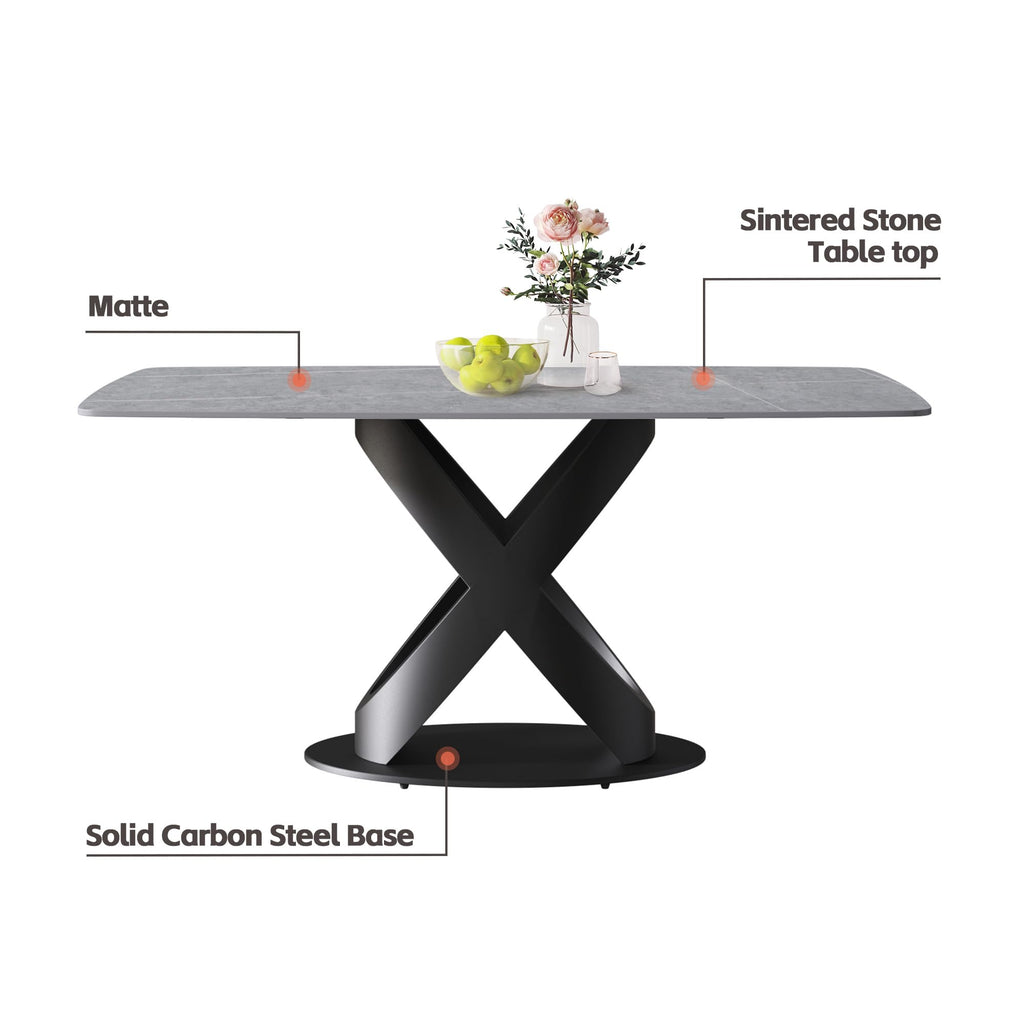 Modern Dining Table, Gray Sintered Stone Tabletop Dining Table with Black X-Shaped Solid Carbon Steel Base, 70.8"