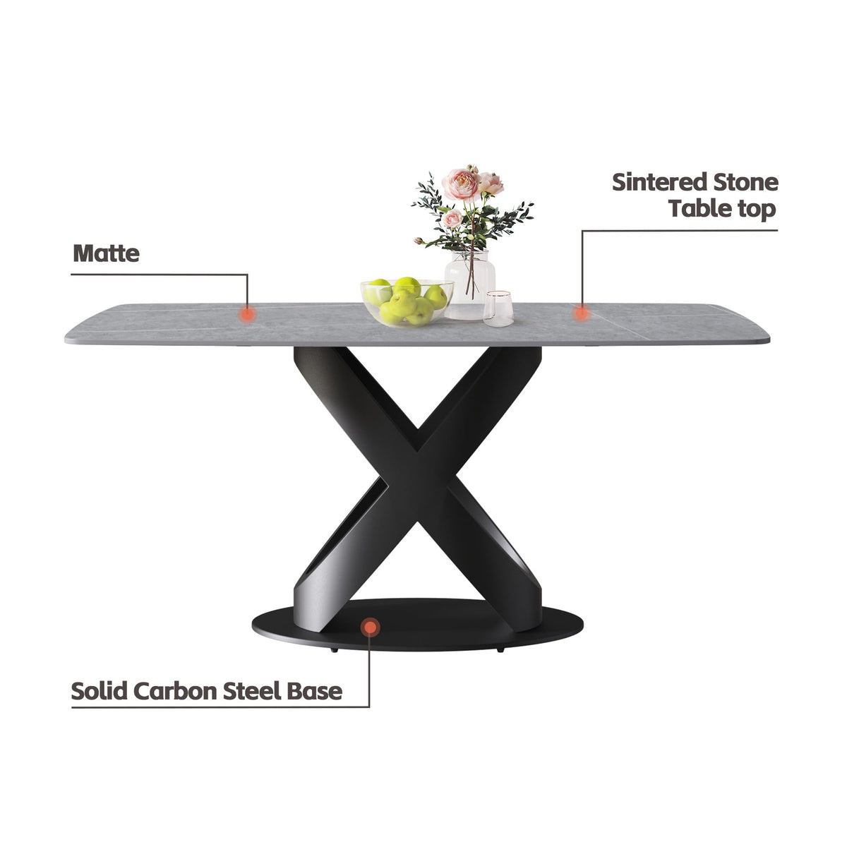 Modern Dining Table, Gray Sintered Stone Tabletop Dining Table with Black X-Shaped Solid Carbon Steel Base, 70.8"