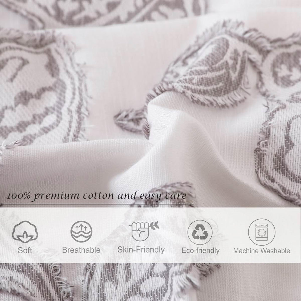Cotton Clipped Jacquard Duvet Cover Set Queen, 3 Pieces Jacobean Floral Bedding Set (Grey, Queen)