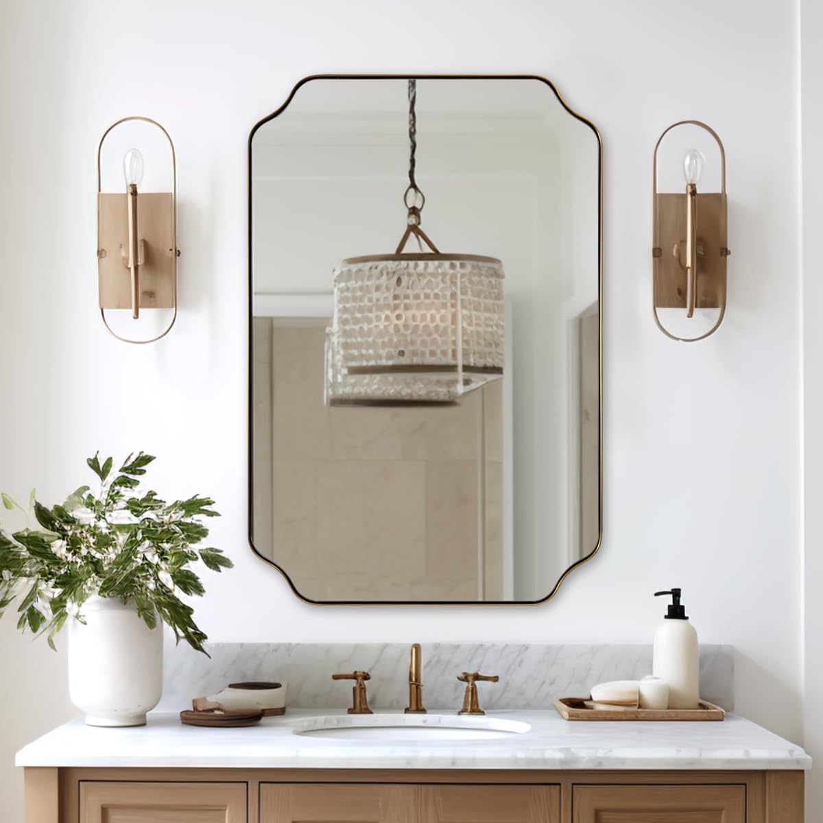 24"x36" Gold Mirror, Brushed Brass Scalloped Wall Mirror, Bathroom Mirror for Vanity, Wall Mirror with Aesthetic