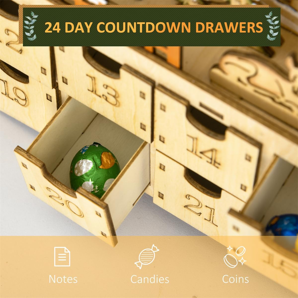 Christmas Wooden Advent Calendar, LED 24 Day Advent Calendar Decorated with Christmas Tree House and LED Lights