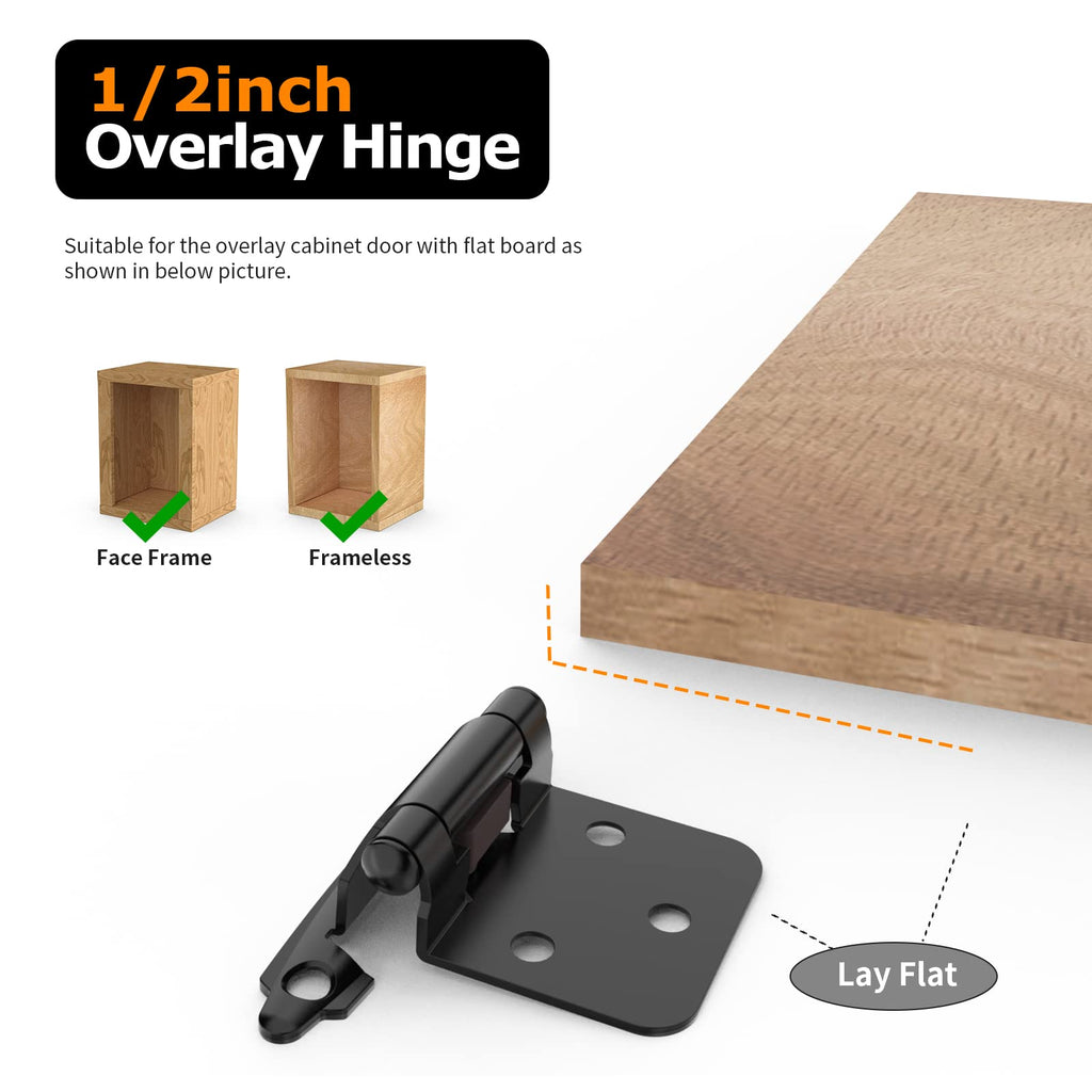 1/2" Overlay Cabinet Hinges, 50 Pack Self Closing Flush Mount Hinges with Door Bumper, Variable Decorative Hardware