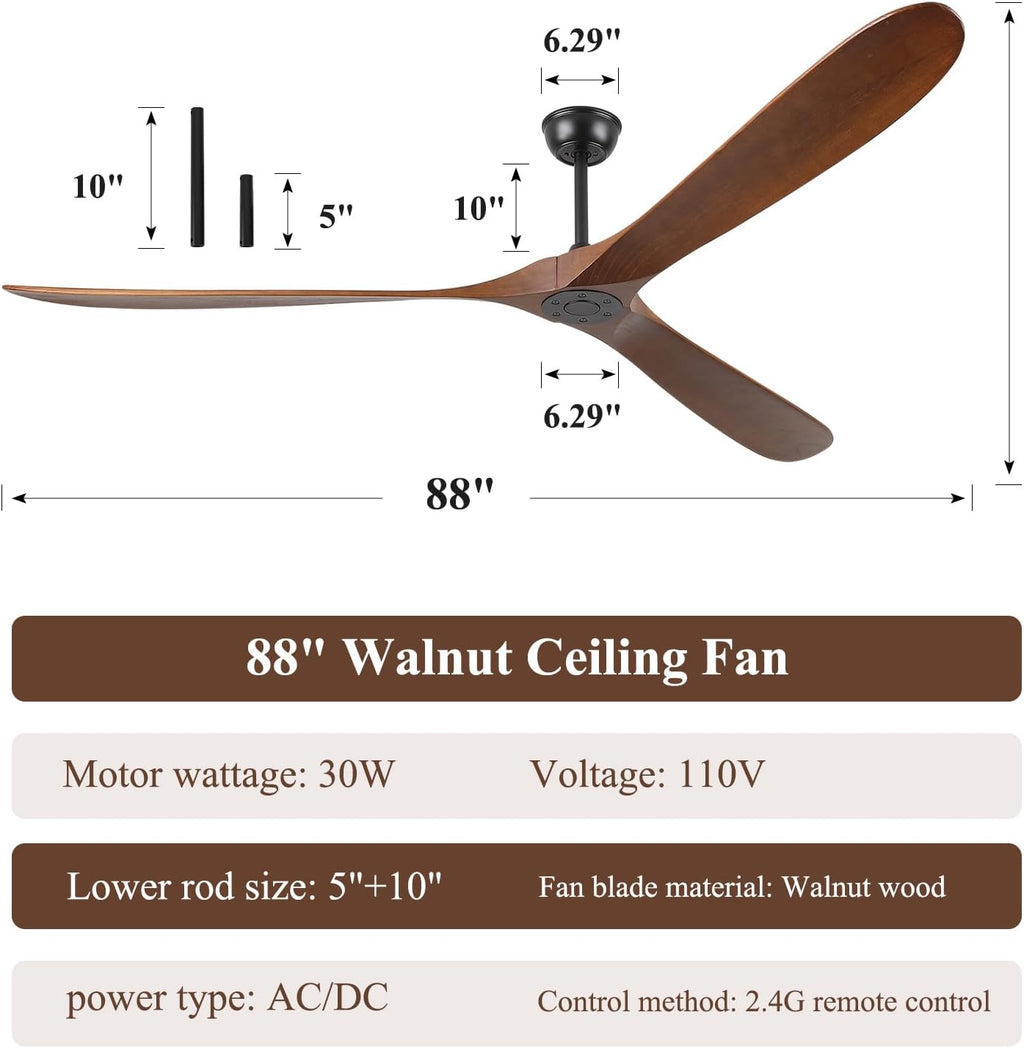 88" Walnut Outdoor Ceiling Fan with Remote, No Light