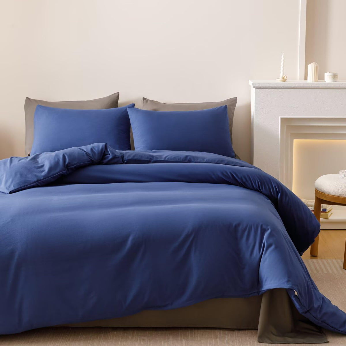 Royal Blue Comforter Set Neutral Navy Bedding Vintage Japanese Style Solid Blue Farmhouse Bed Sets