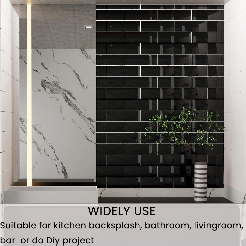 Black Glass Subway Tile 4 x 12 Inch Backsplash Bathroom Shower Wall Pack of 12 Pcs 4 sq.ft