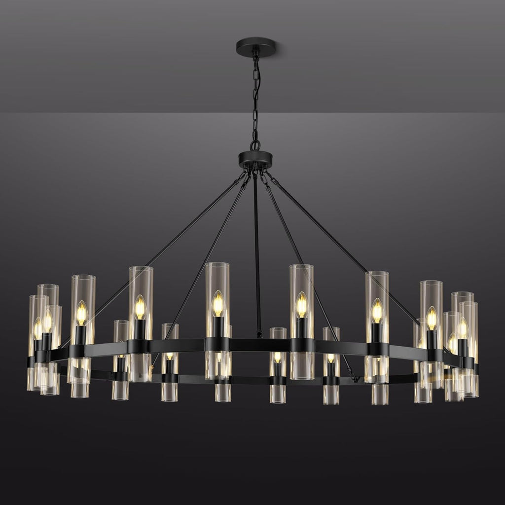 Inspired Ravelle Style Black Wagon Wheel Chandelier, 60 Inch Glass Chandeliers, 20 Light Chandelier for High Ceiling, Modern Farmhouse Chandeliers for Living Room, Dining Room, Entryway, Stairwell(Bulbs Included)