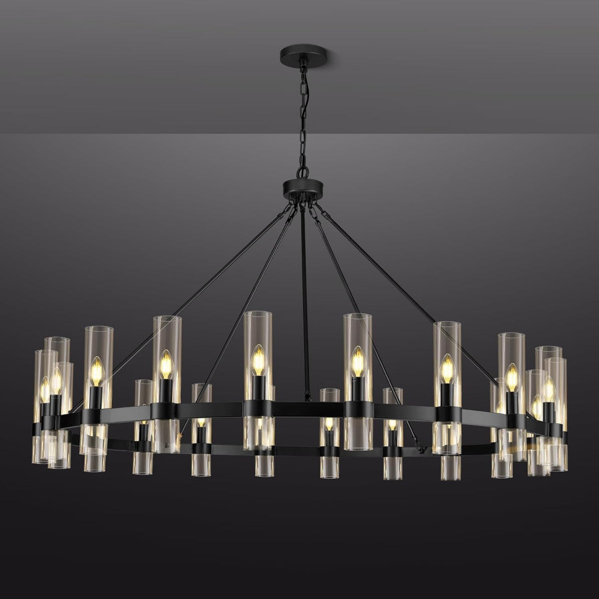 Inspired Ravelle Style Black Wagon Wheel Chandelier, 60 Inch Glass Chandeliers, 20 Light Chandelier for High Ceiling, Modern Farmhouse Chandeliers for Living Room, Dining Room, Entryway, Stairwell(Bulbs Included)