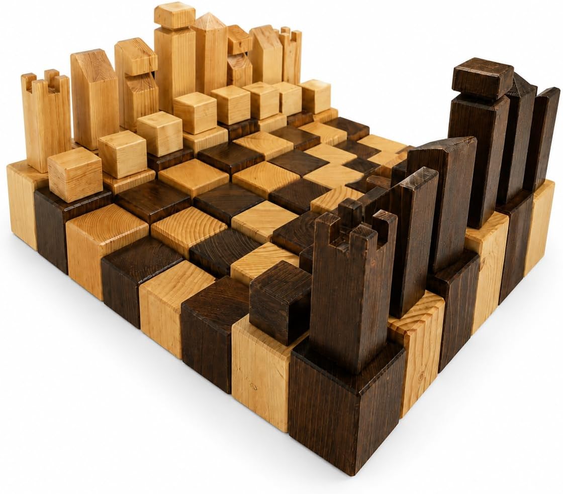 Handmade Wooden Chess Set 40x40 cm, 3D City Skyline Chess Board with Architectural Chess Pieces, Rustic Wood Strategy