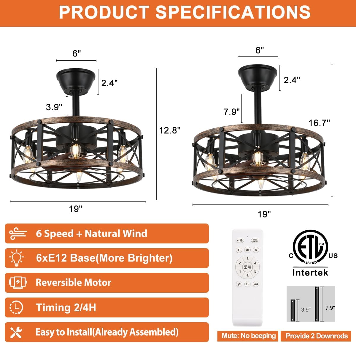 19" Black Caged Chandelier Ceiling Fan with Light & Remote