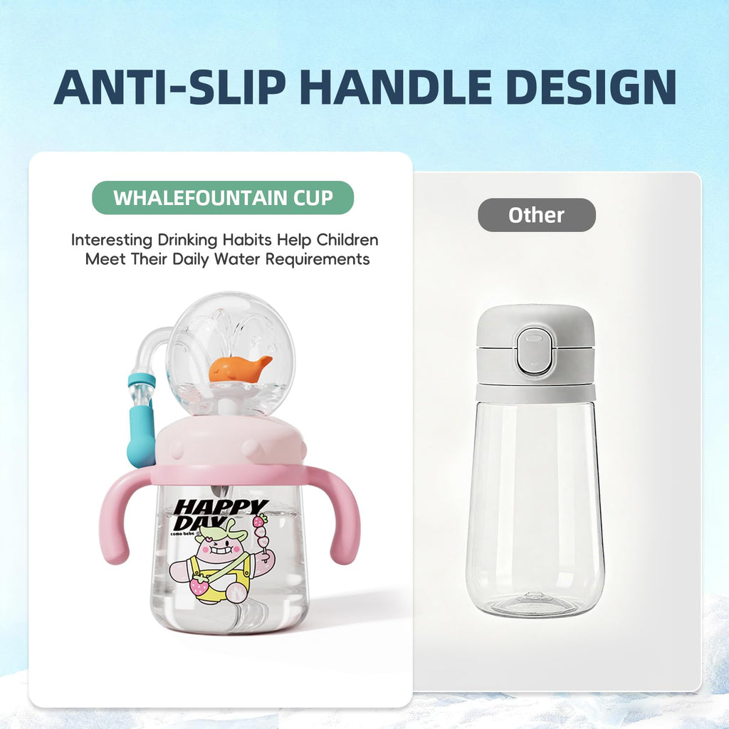 Whale Fountain Cup for Kids Toddlers: 10oz/300ml Spill Proof Toddler Sippy,Straw Cup with Handle & Strap