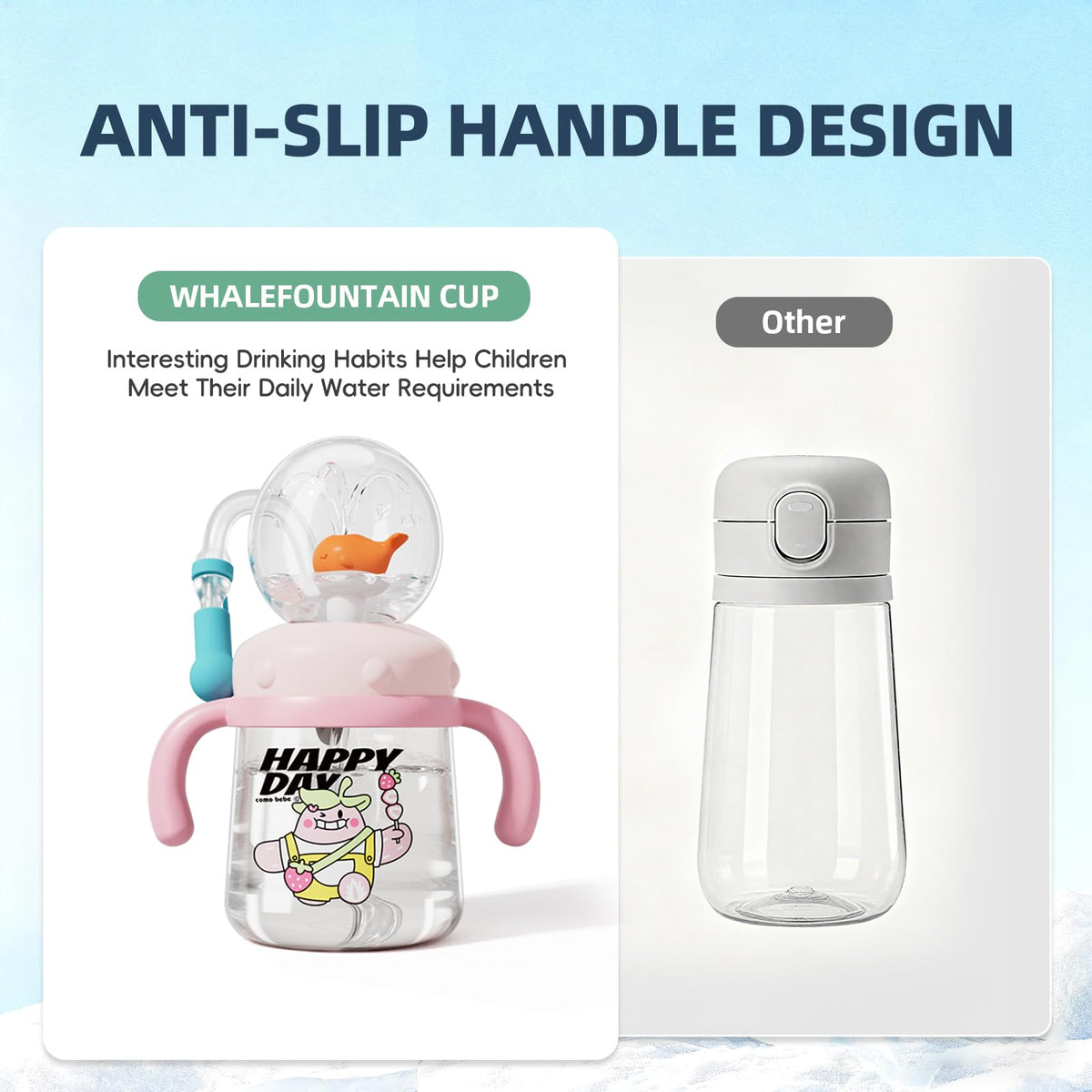 Whale Fountain Cup for Kids Toddlers: 10oz/300ml Spill Proof Toddler Sippy,Straw Cup with Handle & Strap