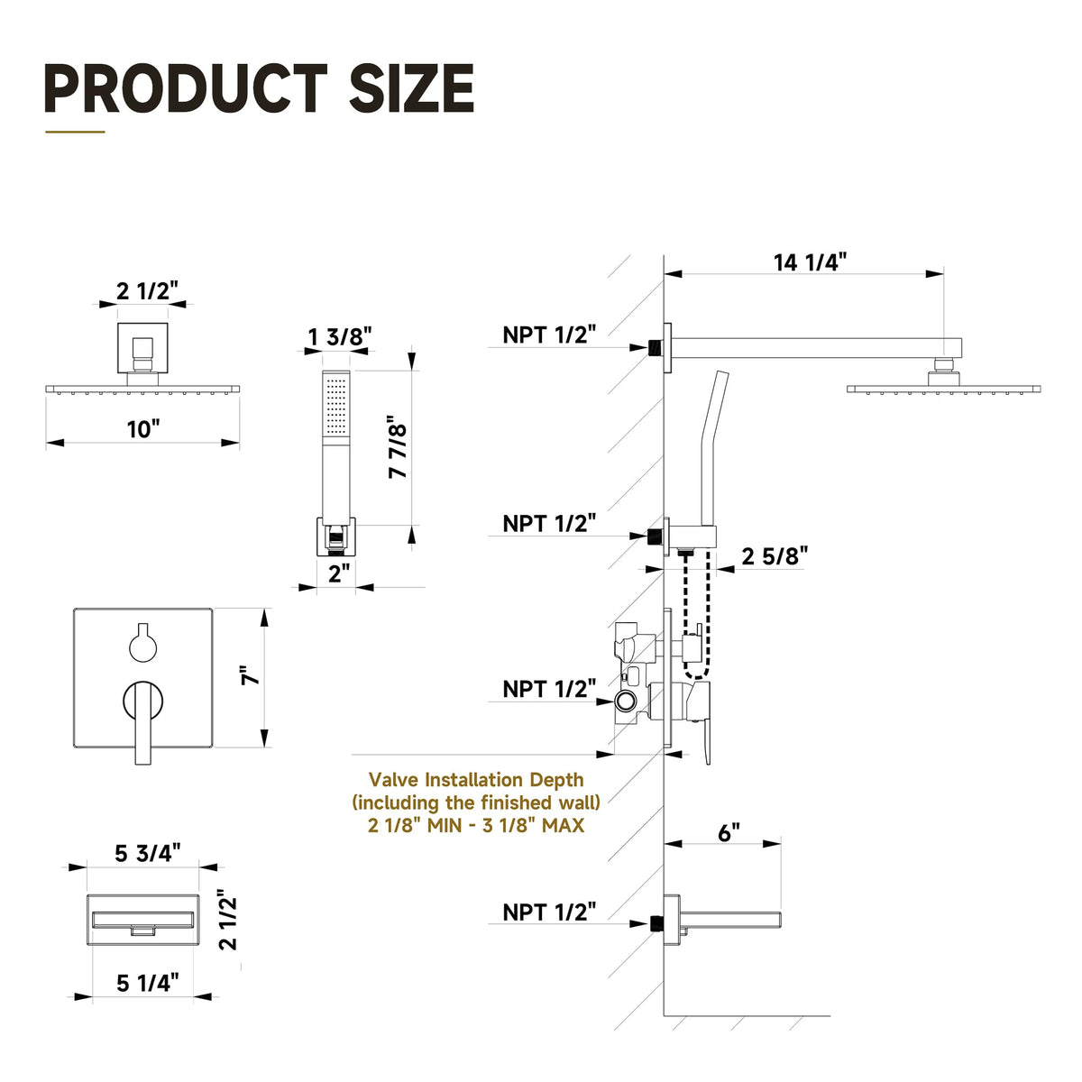 Shower System with Tub Spout, All Metal Bathtub Shower Faucet Set with High Pressure 10 Inch Rain Shower Head
