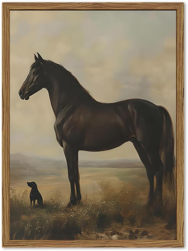 Vintage Black Horse Wall Art Cottagecore Horse and Dog Wall Decor Painting, Moody Rustic Animal Poster Canvas Print