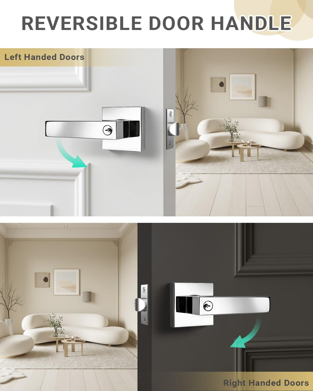 3 Pack Door Knob with Lock and Key Front Doot Handle with Lock Polished Chrome Modern Square Leverset