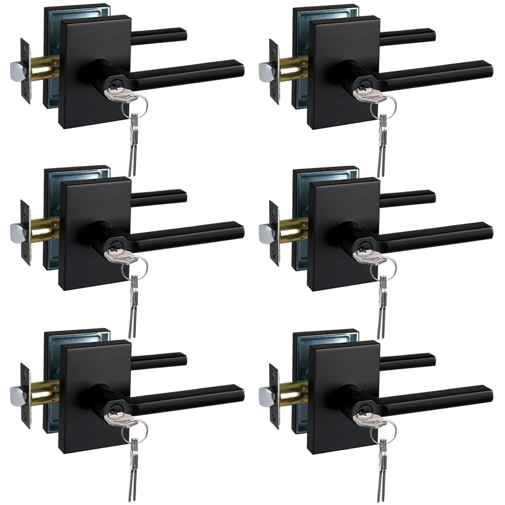 Long Plate Keyed Entry Lever Lock for Exterior Door and Front Door in Black,MDC894-DB-ET-6P