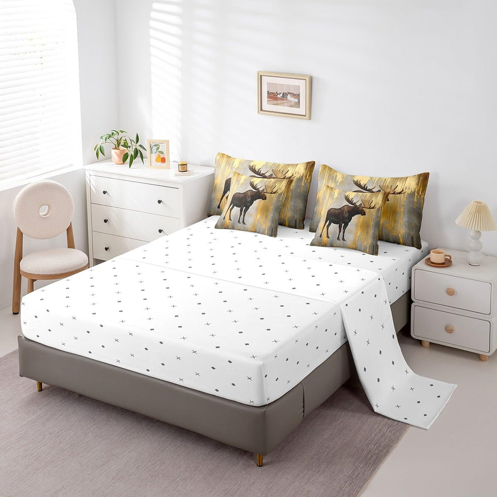 7 Piece Moose Comforter Set Rustic Woodland Wildlife Bedding Set Country Farmhouse Deer Bed in a Bag Old Golden
