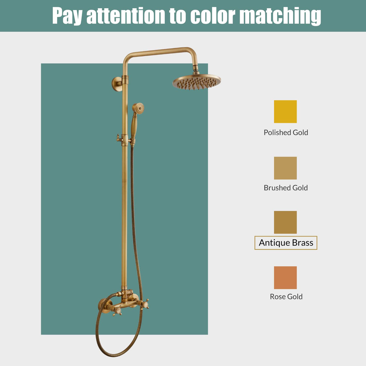 Dual Shower System, 8 Inch Rain Head, Handheld, Antique Brass