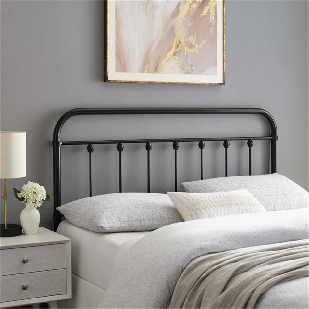 Modern Farmhouse King Metal Spindle Headboard, Powder-Coated Iron, Black Finish, Height Adjustable with Seven