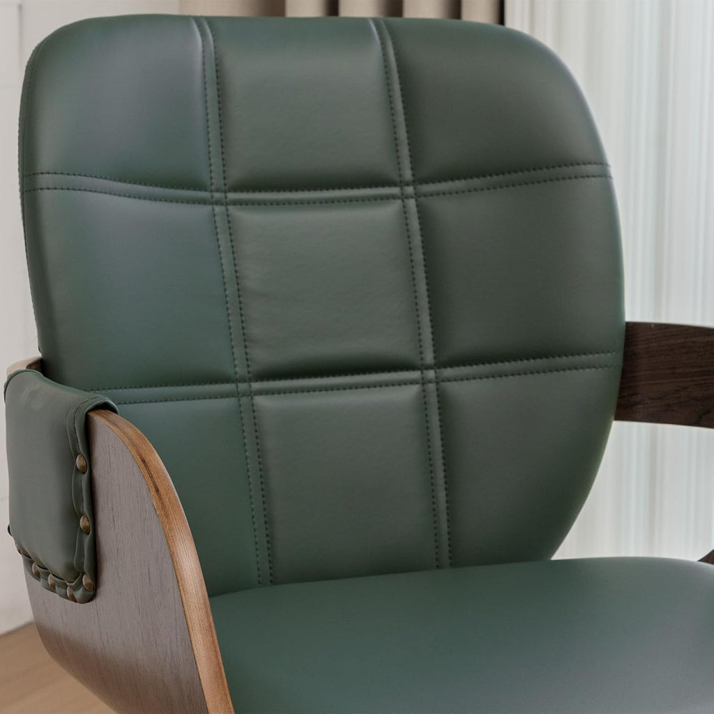 Mid-Century Modern Dining Chairs Set of 2, Swivel Faux Leather Dining Chairs with Arms and Curved Bentwood Back for Kitchen or Restaurant, Walnut Green