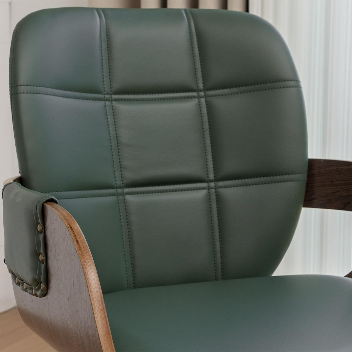 Mid-Century Modern Dining Chairs Set of 2, Swivel Faux Leather Dining Chairs with Arms and Curved Bentwood Back for Kitchen or Restaurant, Walnut Green
