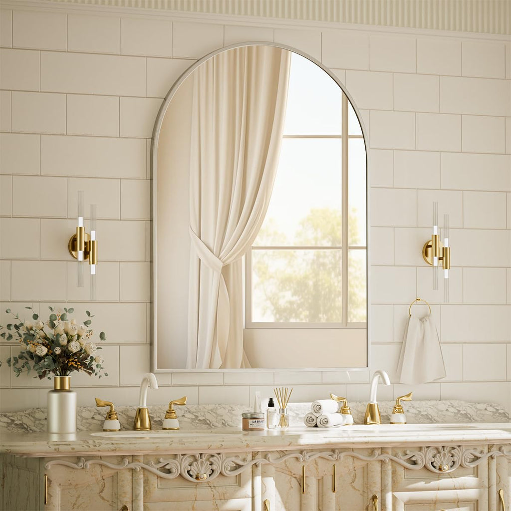 30"x40" Arch Bathroom Wall Mirror, Silver