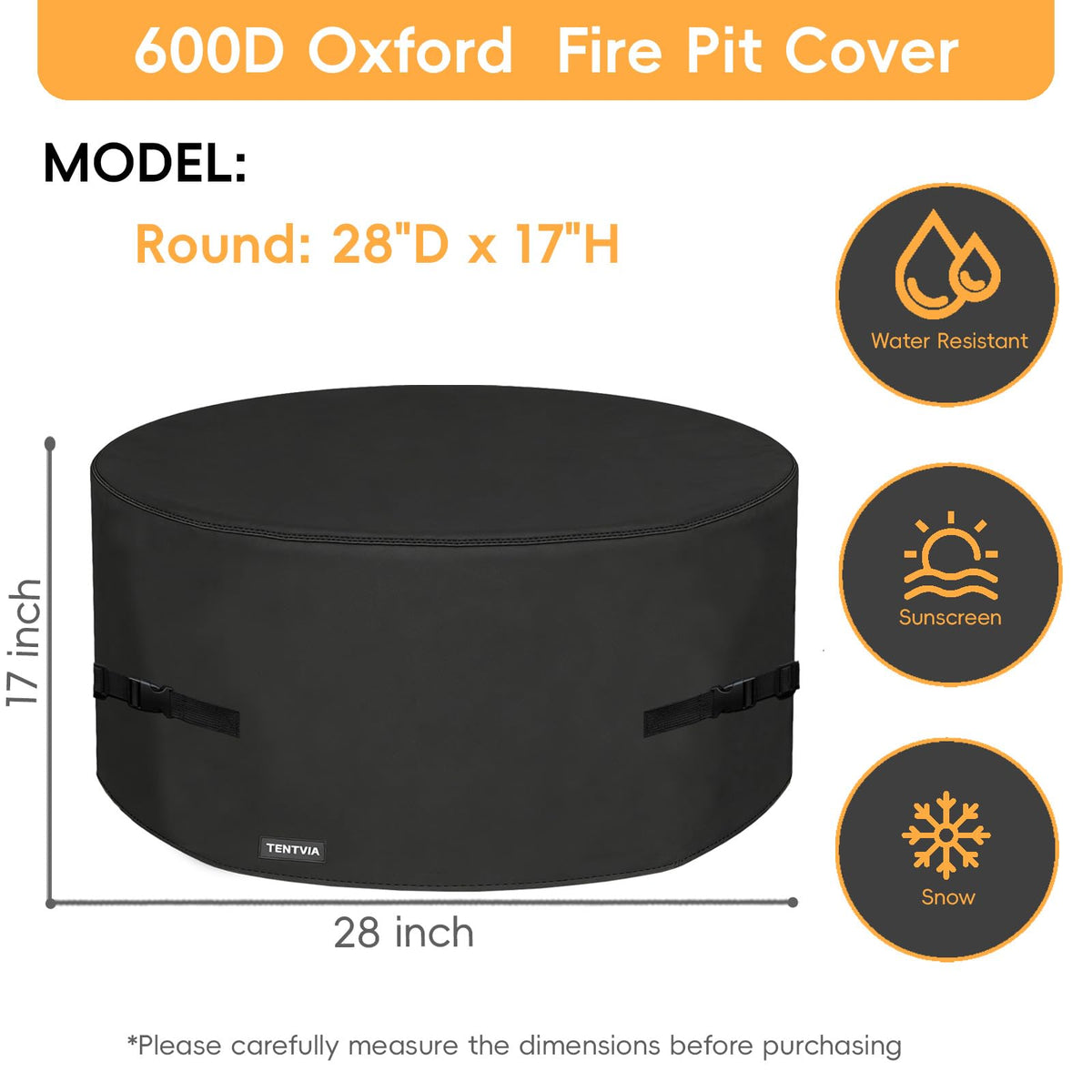 Round Fire Pit Cover - 600D Heavy-Duty Oxford Fabric, Fits 18-48 Inch Fire Pits & Fire Pit Tables, Black, 28" D x 17"
