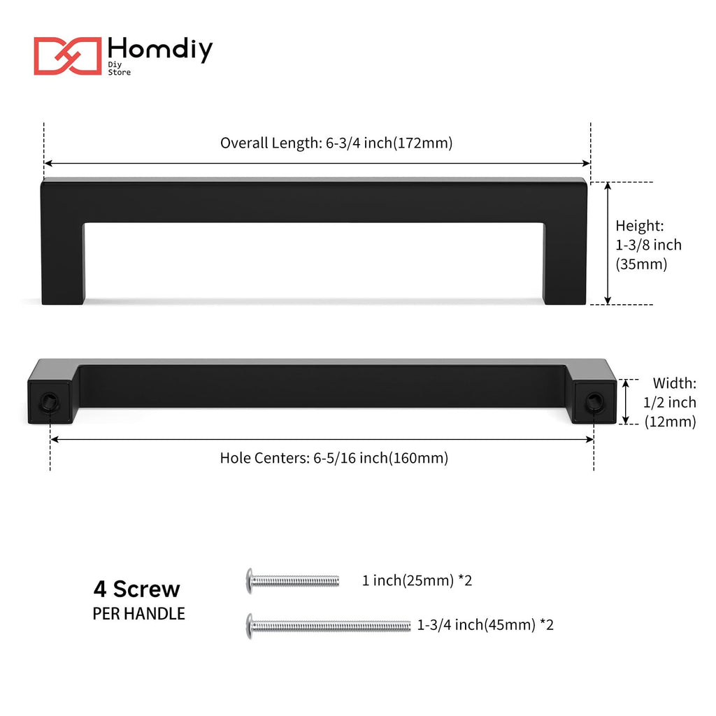 30 Pack Black Cabinet Handles, 6-5/16 Inch(160 mm) Hole Centers Cabinet Pulls, Matte Black Square Drawer Dresser