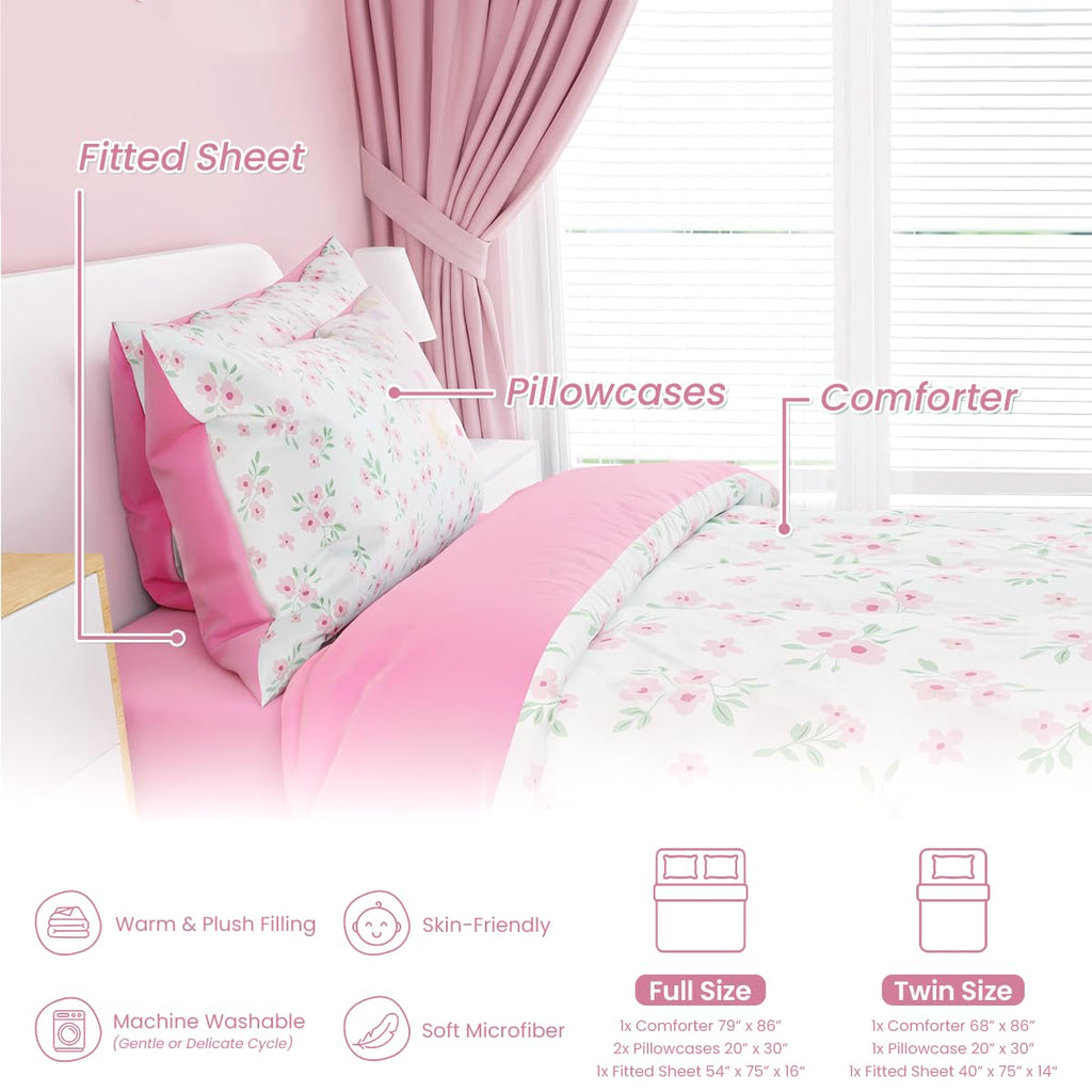Floral Bedding Sets with 3-Pieces (Includes 1 Comforter, 1 Fitted Sheet, 1 Pillowcases), Comforters Bed Set
