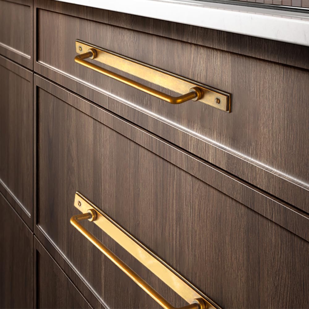 2 Pack 7 9/16'' Center to Center Antique Brass Cabinet Bar Pulls with Demi-Plaquette Backplate Vintage Drawer Handles