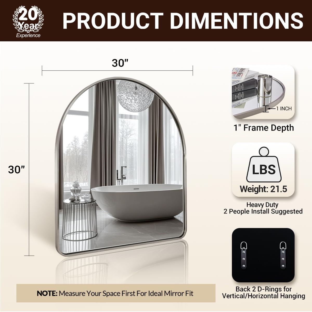 Brushed Nickel Arched Mirror, 30x30'' Arch Wall Mirror, Arch Bathroom Mirror Rustproof Metal Frame 1'' Deep Set Wall