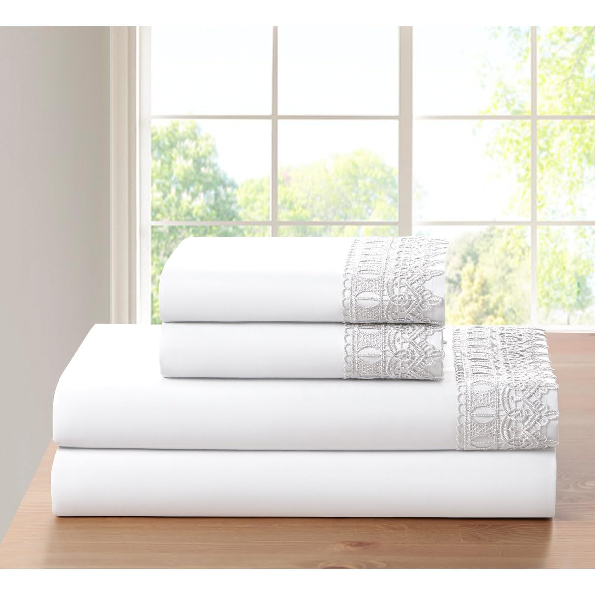 4-Piece 1800TC Chic Crochet Embroidered Lace Bamb00 Blend Queen Sheet Set | Modern Contemporary Style Pure White