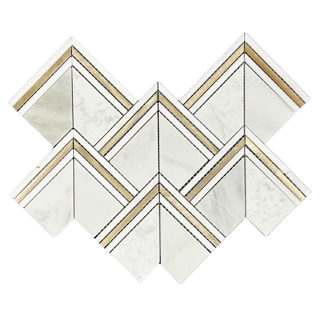 HTC165 Diaspore 10x14 Marble & Brass Mosaic Tile - Waterjet Cut Calacatta Carrara Mix with Gold Metal, Mesh-Mounted