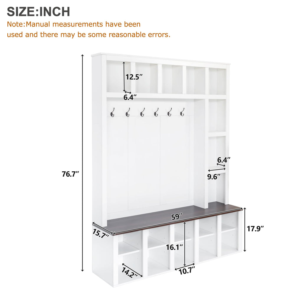 Versatile 59'' Wide Hall Tree with 6 Hooks and Multiple Storage Space, Farmhouse Practical Walnut Storage Bench with