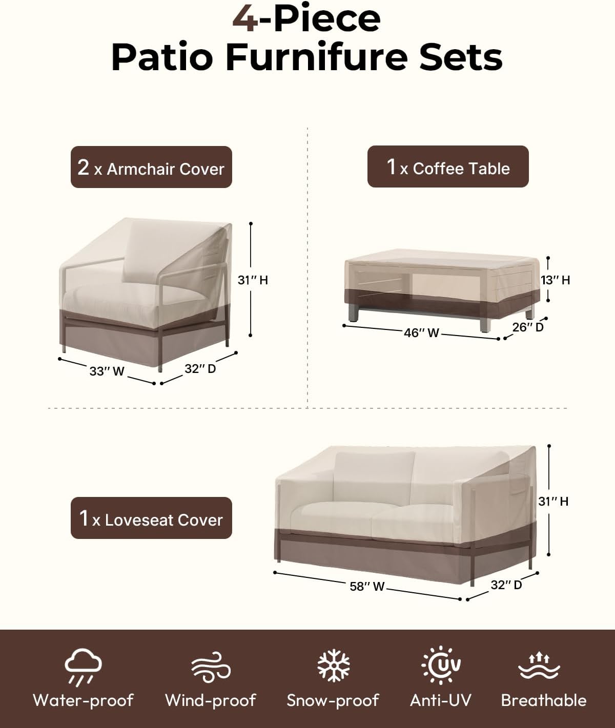 Patio Furniture Cover Set, 4 Piece Outdoor Furniture Cover Waterproof, 600D Heavy Duty Lawn Patio Set Covers