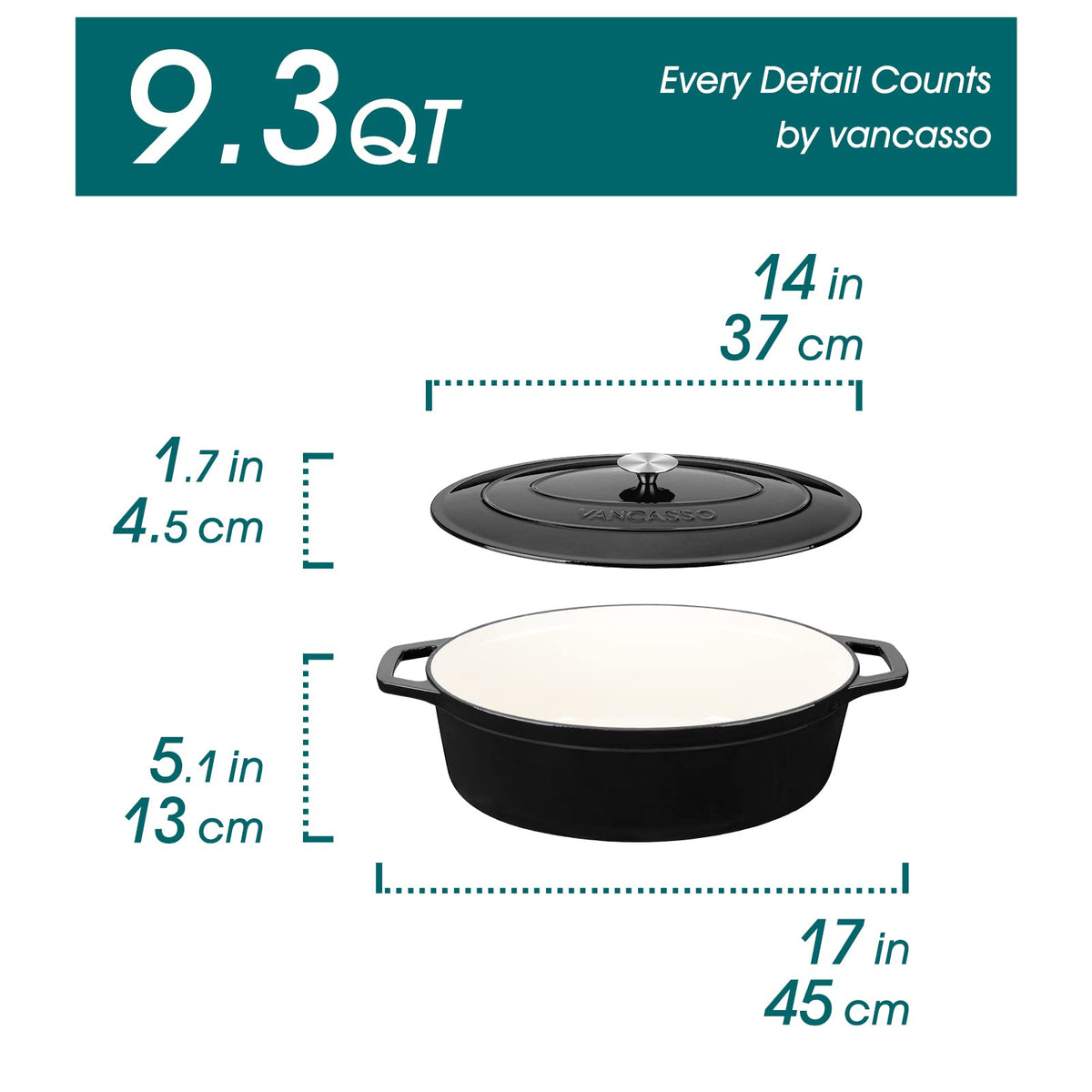 9.3 Qt Oval Enameled Cast Iron Dutch Oven with Lid, Black