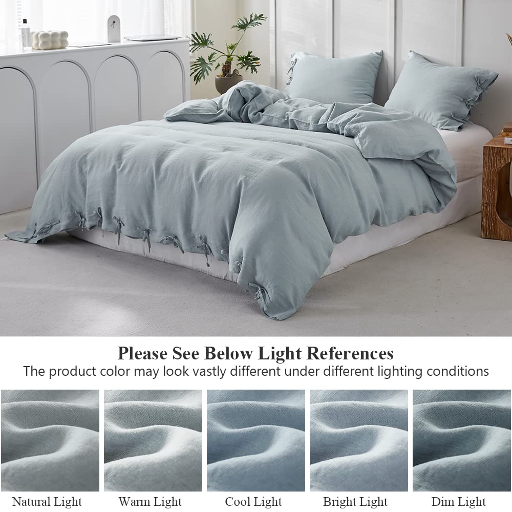 100% Linen Duvet Cover Set 3pcs with Bowknot Ties Closure Natural French Washed Flax Solid Color Soft Breathable