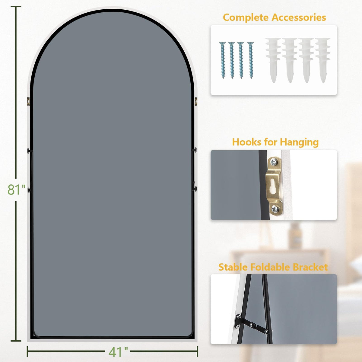 Arched Full Length Mirror, 81"x41" Large Floor Mirror, White