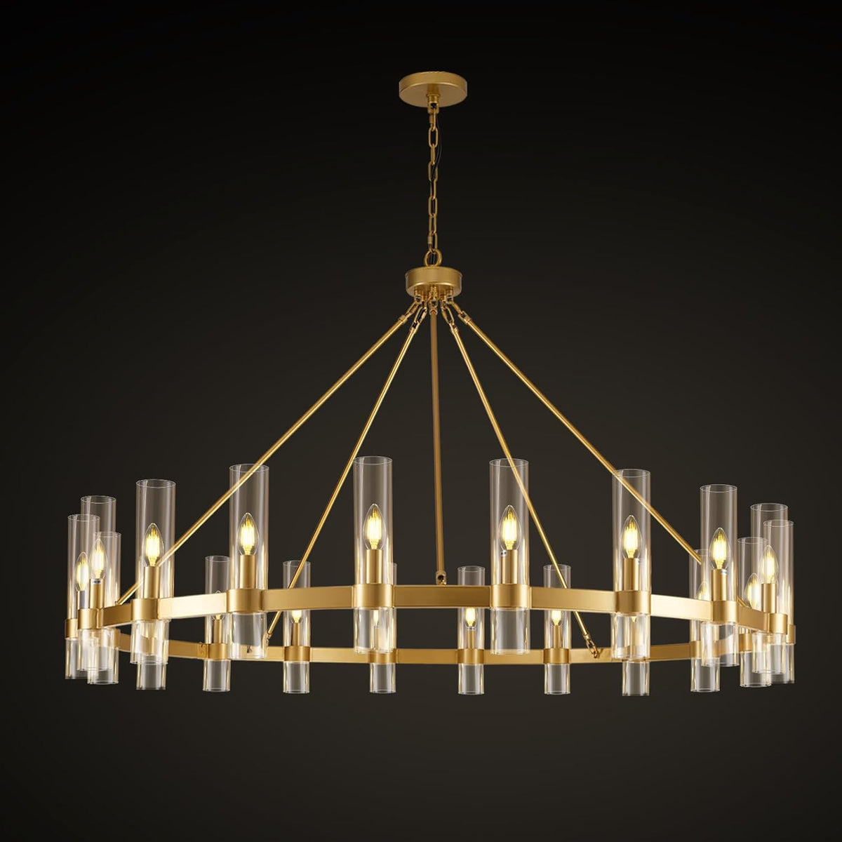 Inspired Ravelle Style Gold Wagon Wheel Chandelier, 60 Inch Glass Chandeliers, 20 Light Chandelier for High Ceiling, Modern Farmhouse Chandeliers for Living Room, Dining Room, Entryway, Stairwell(Bulbs Included)