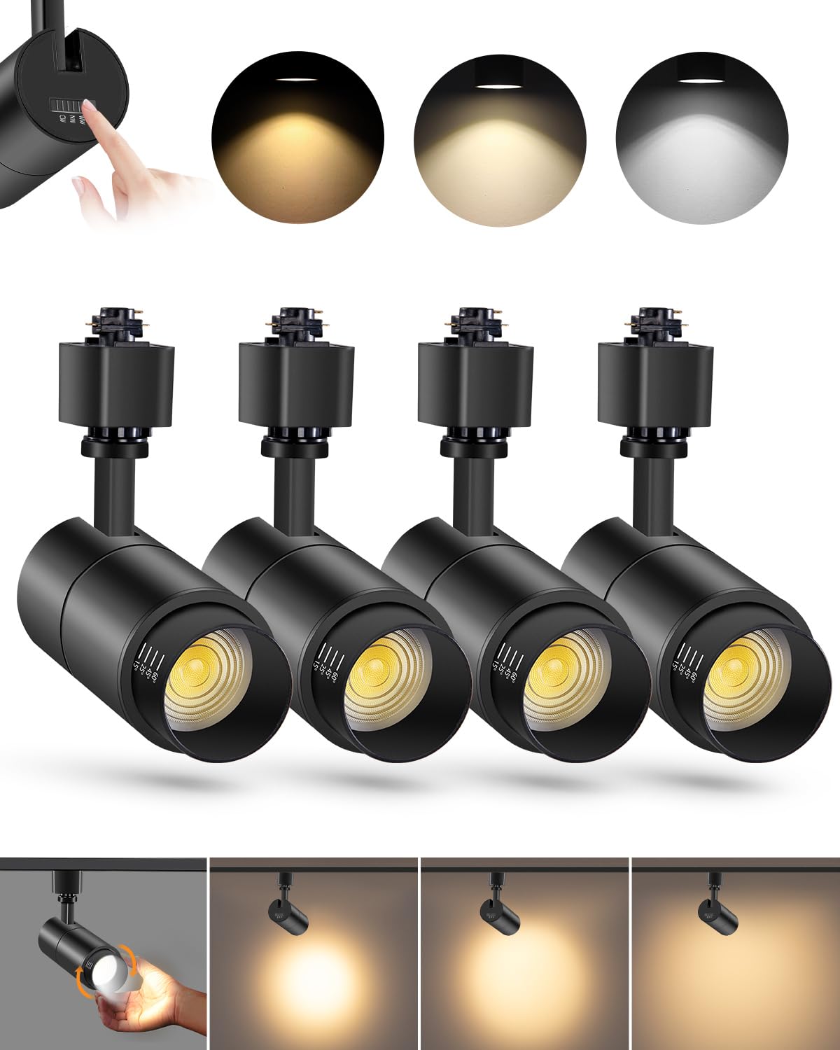 Zoomable 10W LED Track Lighting Heads H Type, Black 4 Pack
