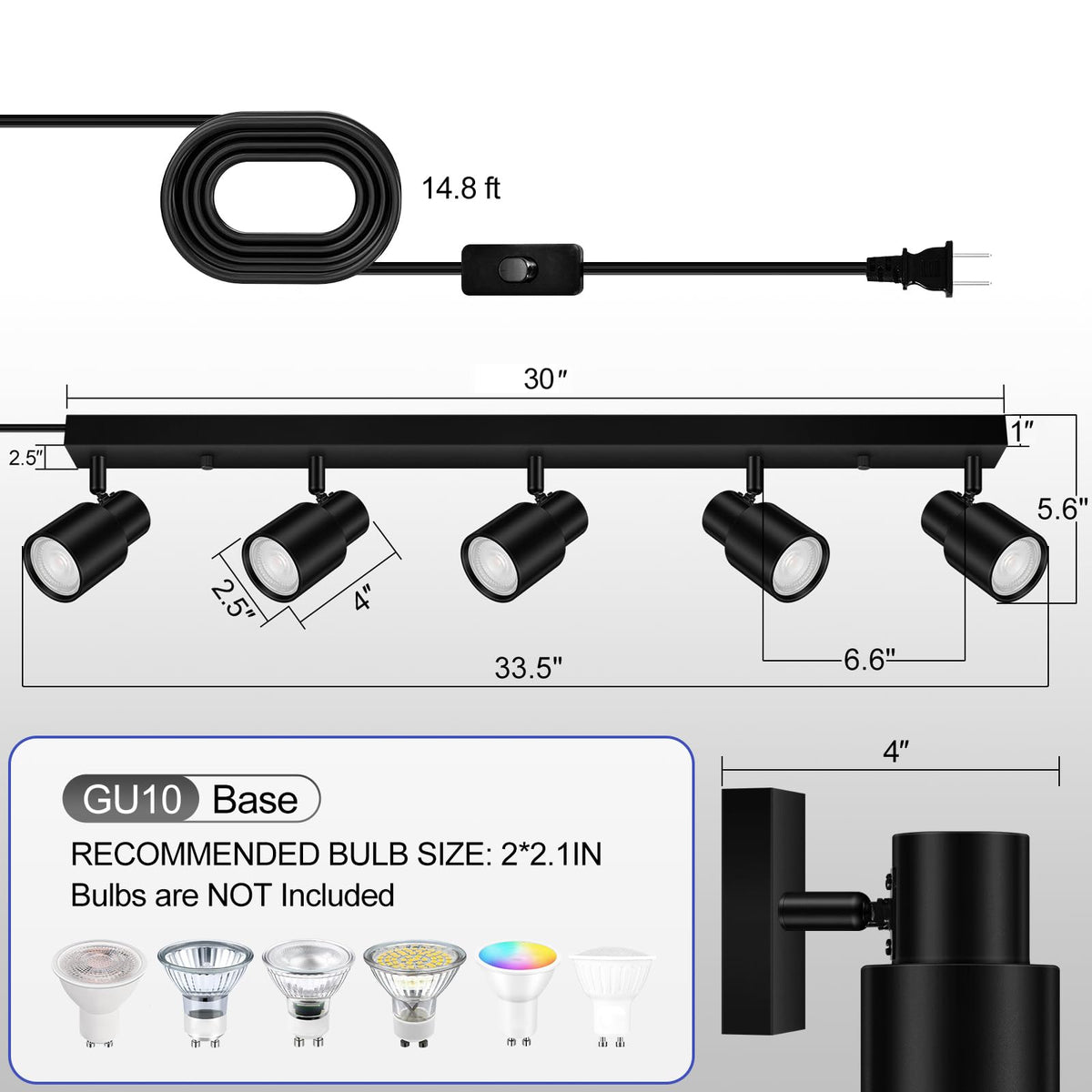 Plug in Track Lighting, 30" LED Track Light Fixtures Ceiling, Black 5 Way Ceiling Lights, 15FT Cord, Rotatable Light