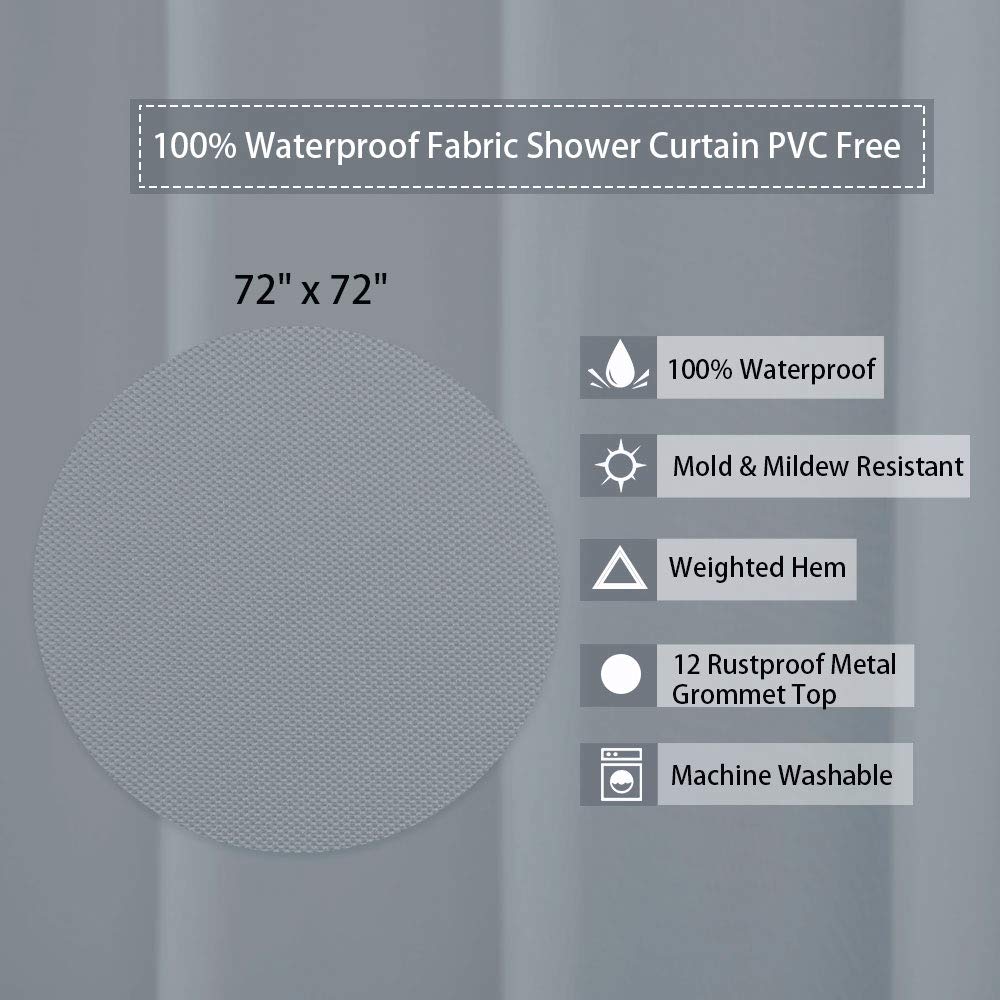 Hotel Quality 100% Waterproof Fabric Shower Curtain Liner with Magnets, 72x72 Inch, Grey