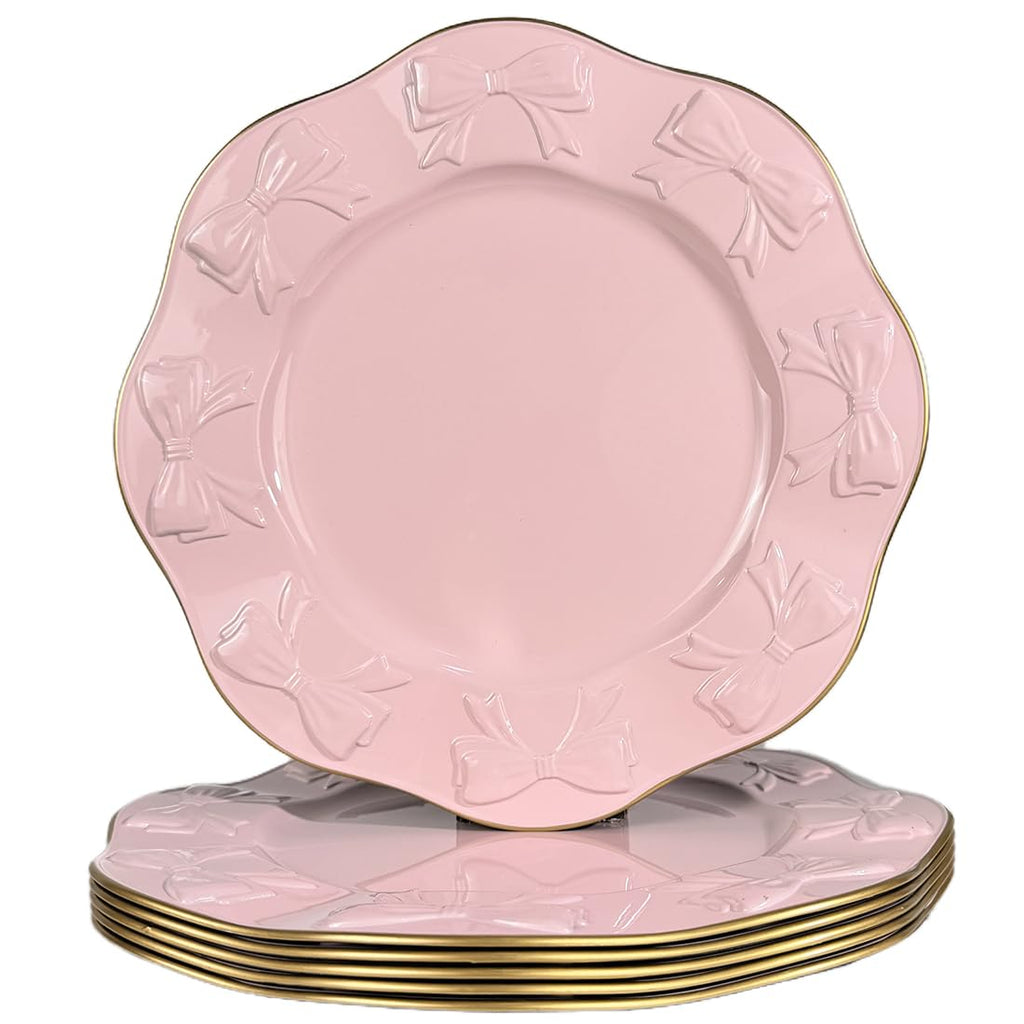 Round Pink Charger Plates, Set of 6, 13inch Plastic Bow Embossed, bulk Wedding, Party, Holiday Table Setting.