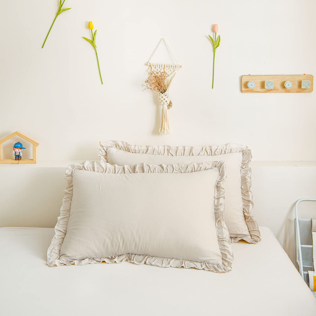 Beige Pillowcases Ruffled Pillow Shams Beige Grey Ruffle Pillowcases Set of 2 Shabby Chic Pillowcases 2 Pack