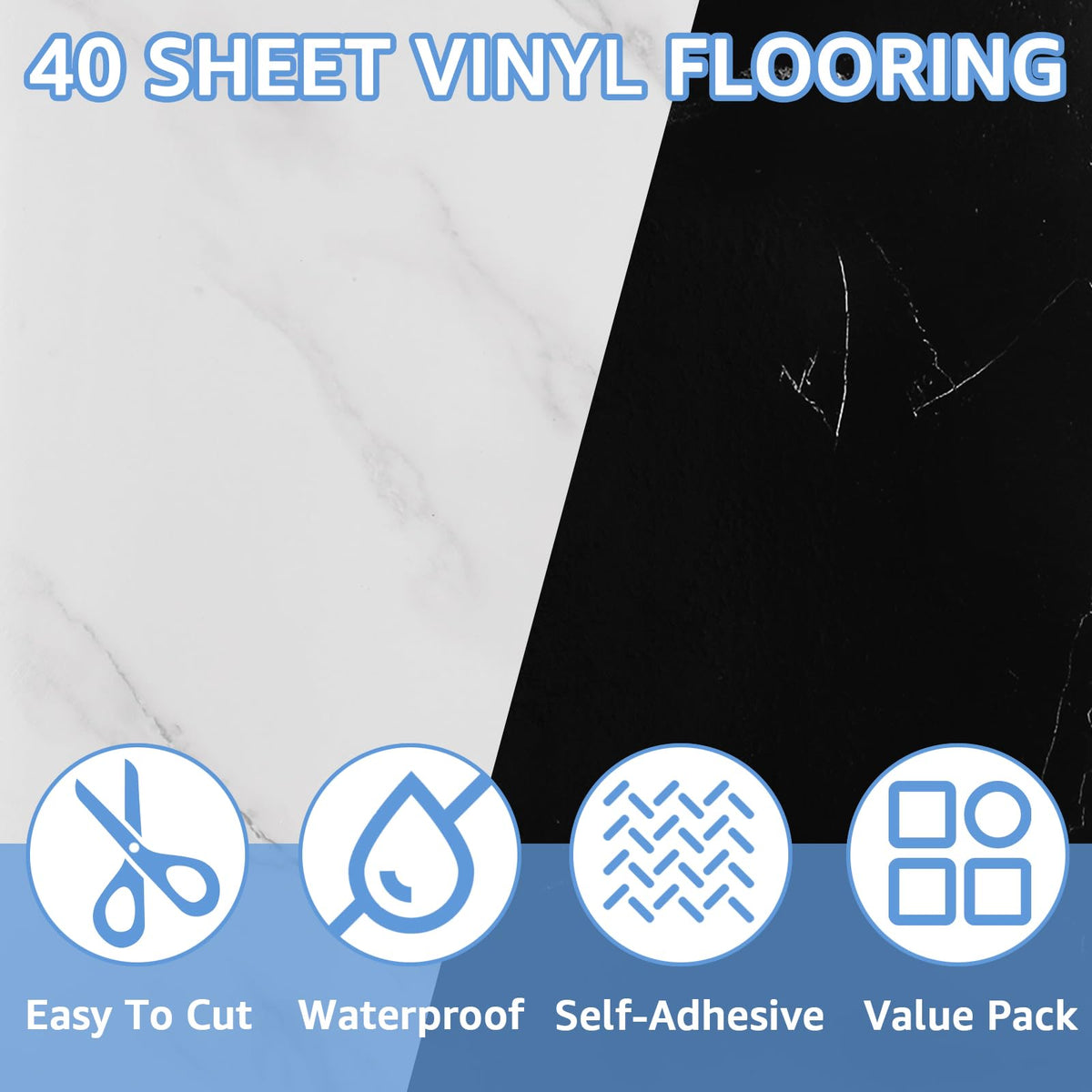 40 Sheet Vinyl Flooring 12x12 Peel and Stick Floor Tile Waterproof Black & White Marble Vinyl Floor Tiles Clearance