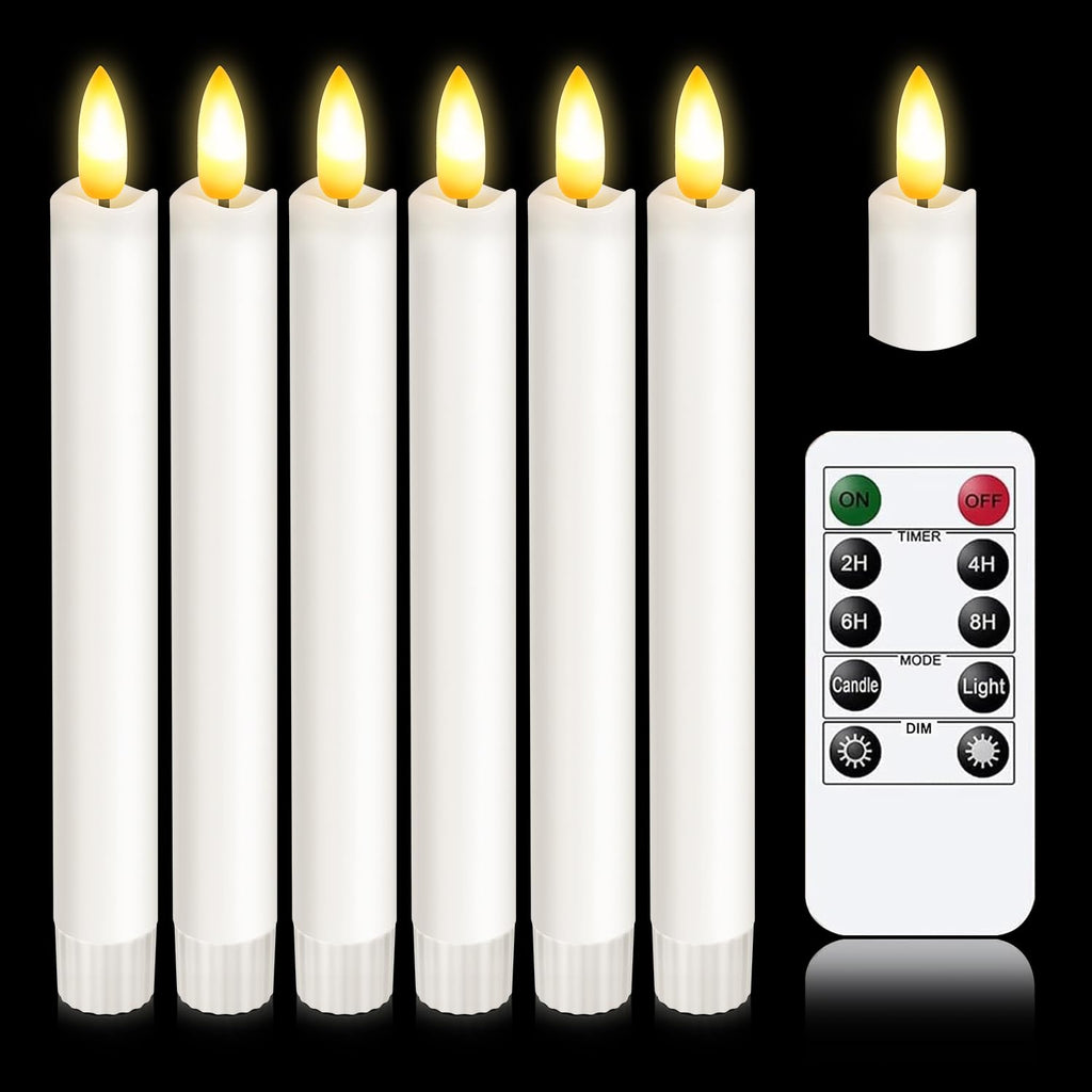 Upgraded Real Wax LED Flameless Taper Candles with Remote, 8 Inch White Candlesticks Battery Operated 3D Flickering