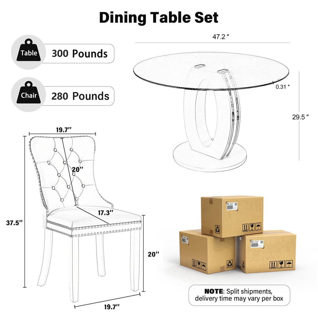 Modern 47" Clear Glass Round Dining Table Set, 7 PCS Luxury Circle Glass Top Kitchen Table with Gold Decorative