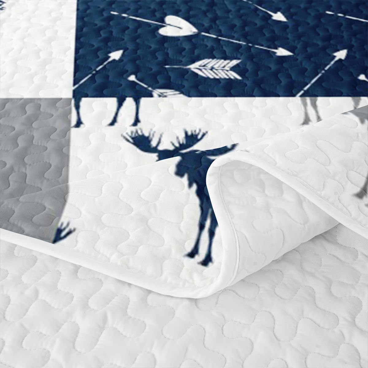 Elk Quilt Set Bear Quilt Deer Head Moose Arrow Cabin Quilted Bedspread Plaid Geometric Blue White Coverlet