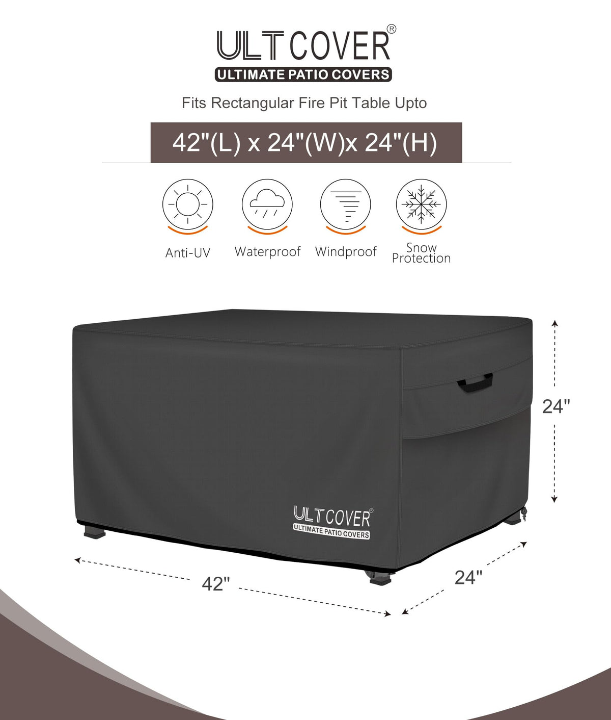 Waterproof Rectangular Gas Fire Pit Table Cover 42x24 inch, Black