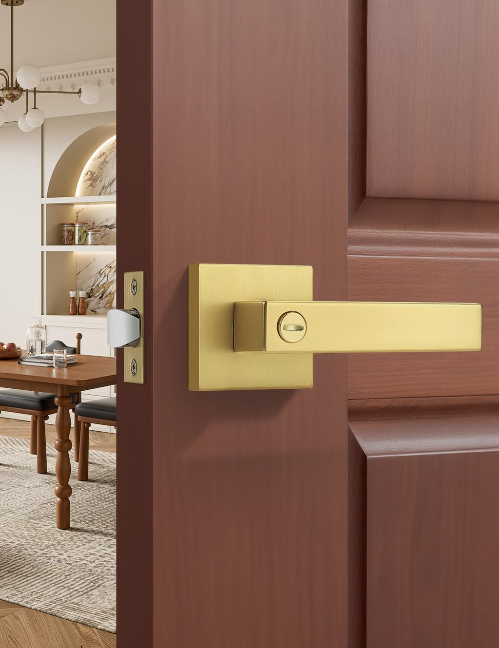 4 Pack Heavy Duty Gold Square Privacy Interior Door Levers, Satin Brass Finish, Bedroom and Bathroom Door Handles