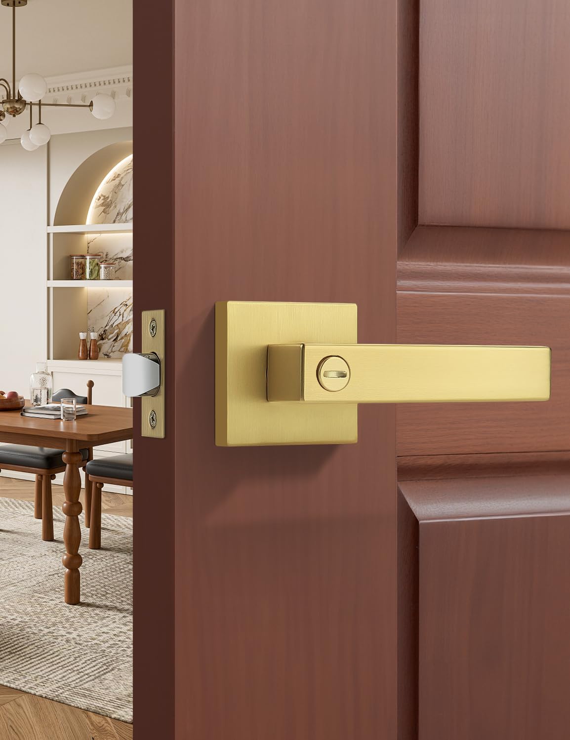 4 Pack Heavy Duty Gold Square Privacy Interior Door Levers, Satin Brass Finish, Bedroom and Bathroom Door Handles